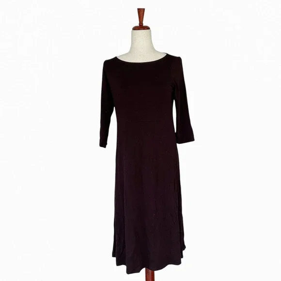 Eileen Fisher Women's Petite Small Dress Brown Viscose-Jersey Bateau-Neck Midi - Picture 2 of 11